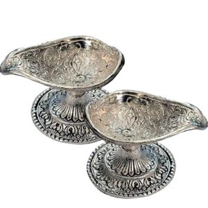 indian carved white metal diya set